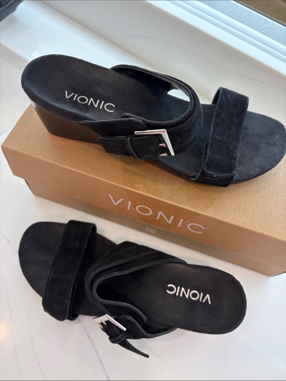 Vionic Black Suede Platform Wedge Sandals with Buckle